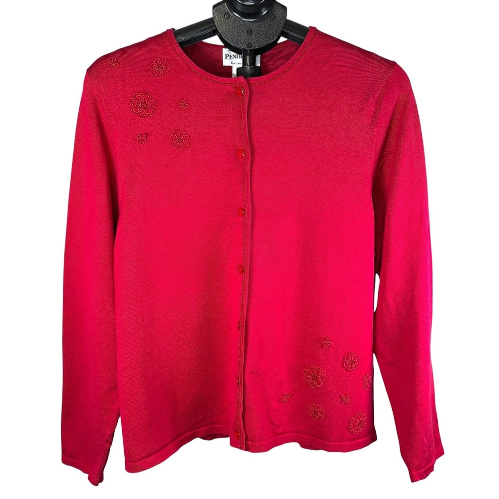 Vintage Pendleton Red Silk Blend Embroidered Beaded Floral Cardigan Sweater